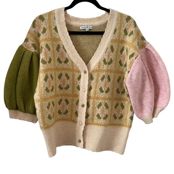 Seen And Be Seen Puffed Short Sleeve Cropped Jacquard Cardigan Sweater S… - Picture 1 of 10